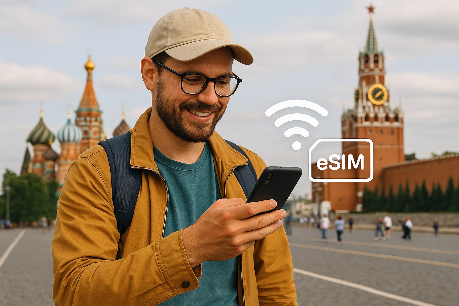 Toerist op het Rode Plein in Moskou die met een eSIM internet checkt